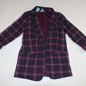 Maurices Women's Buttonless Blazer Jacket Medium NWT Plaid Burgundy Black Blue M